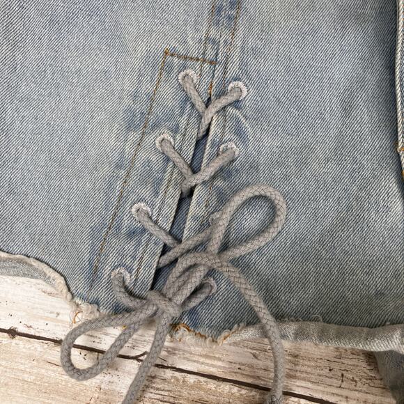 Micro Denim Shorts Sz Sm Light Wash Lace up Thigh High Rise Festival Boho Hippie - Picture 3 of 7